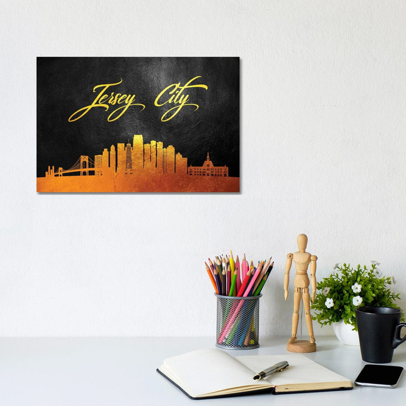 Jersey City New Jersey Gold Skyline by Adrian Baldovino - Wrapped Canvas Print, 20.32 cm H x 30.48 cm W