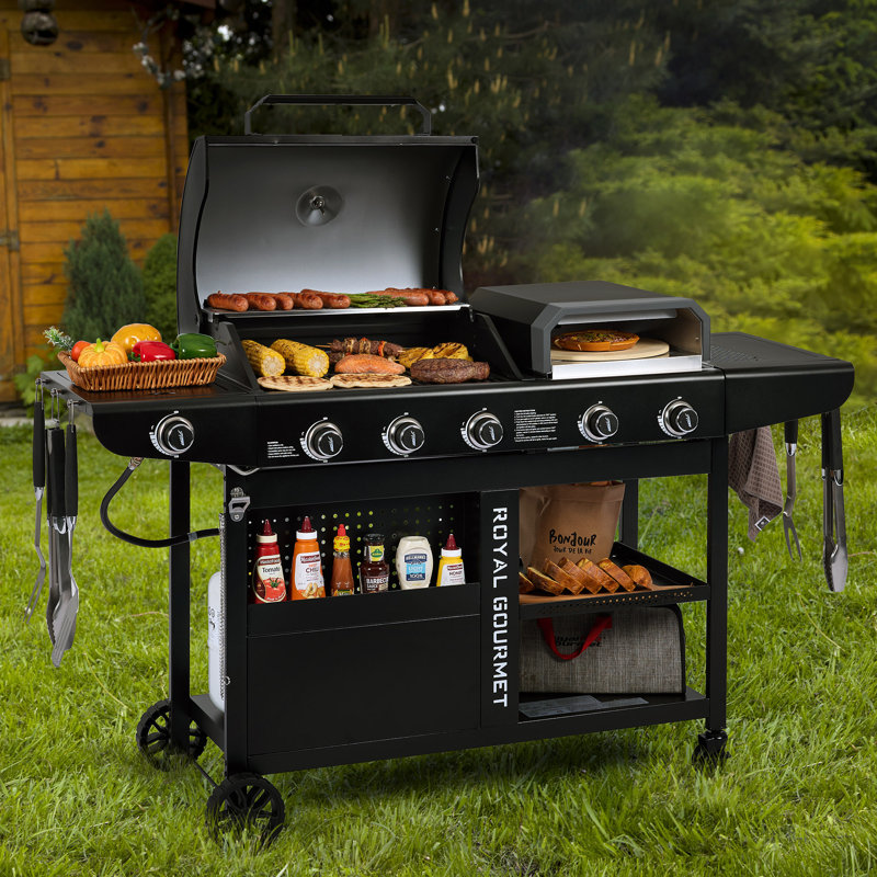 Barbecue au gaz et four à pizza Royal Gourmet Premium, avec brûleur latéral, argent et noir, Noir