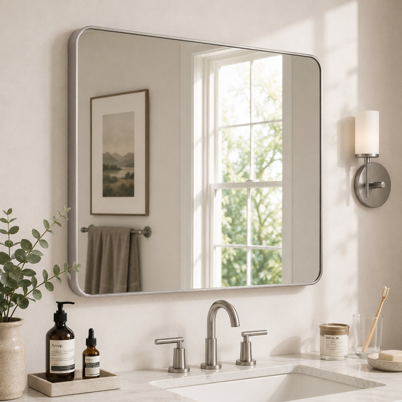 Vista 48 in. W x 36 in. H Rectangular Framed Wall Bathroom Vanity Mirror in Brushed Nickel, 36" x 48", Brushed Nickel