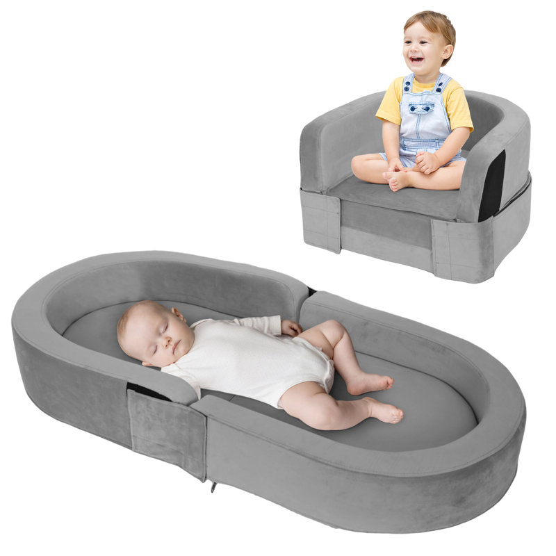 Toddler Travel Bed, 2-in-1 Travel Toddler Bed Chair, Removable And Washable Portable Toddler Bed, Gray