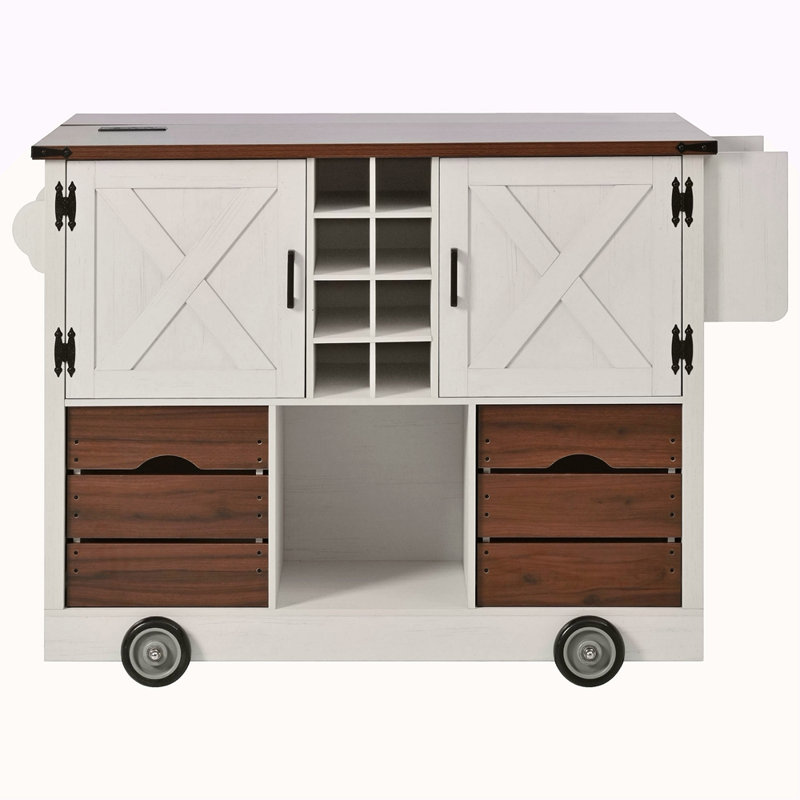 54" Farmhouse Kitchen Island With Drop Leaf, Power Outlet, Kitchen Storage Cart With 2 Doors, 2 Drawers, Rolling Kitchen Island On 4 Large Wheels With Spice Rack For Kitchen, Dining Room