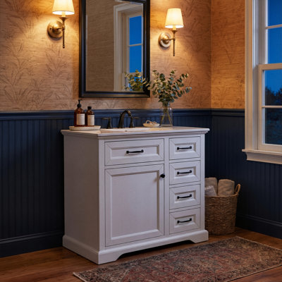 36" Bathroom Vanity With Ceramic Sink, 2 Tip-Out Drawers, Door Storage Rack & Solid Wood Frame (Light Gray / White / Blue Gray)