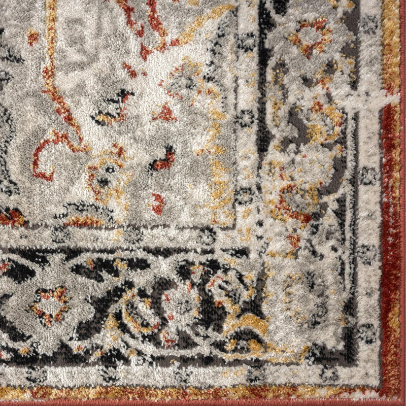 Tapis rectangulaire orange, gris et noir en polypropylène tissé à la machine, Rectangle 5 pi x 7 pi