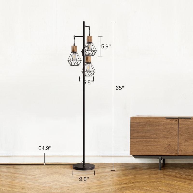 Crevan 65" Dimmable Rattan Tree Floor Lamp With 3 Bulbs Included, Matte Black