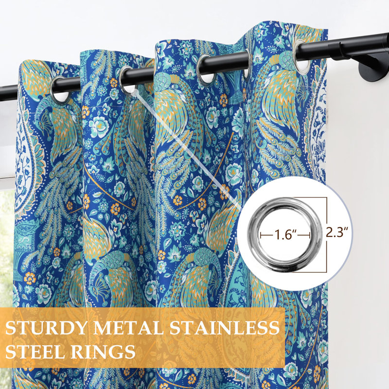 Floral Teal Curtains for Bedroom 80% Blackout Thermal Insulated Lined Double Layer Vintage Peacock Printed Pattern Darkening Drapes for Living Room Grommet 2 Panels