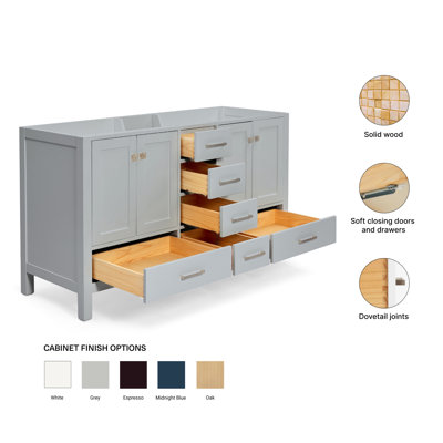 Panchuri 61'' Solid Wood Double Bathroom Vanity in Grey, Base Cabinet without Top