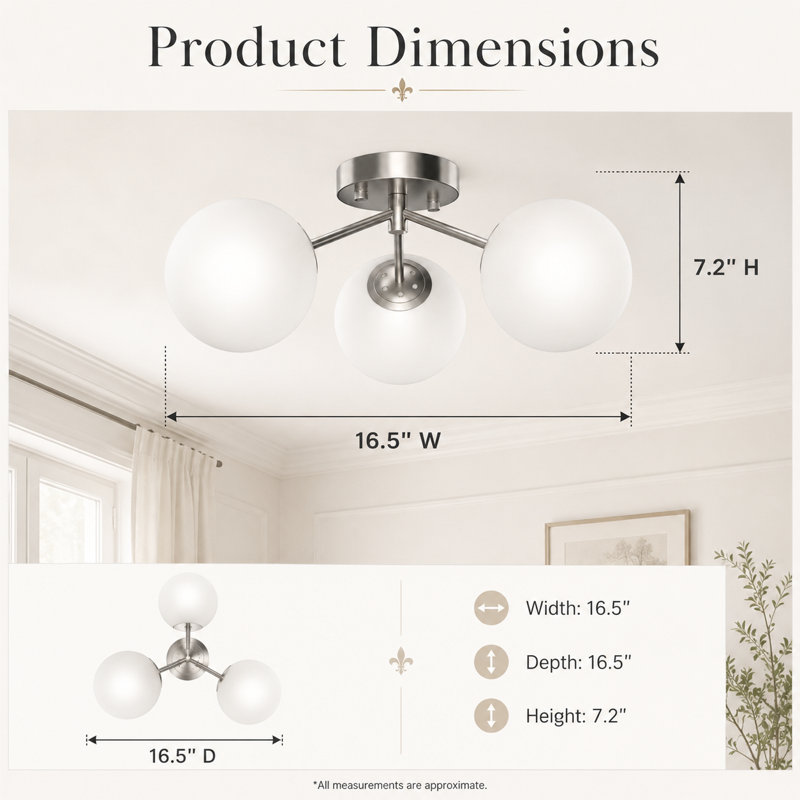 Bellanova 16.5" W 3-Light Modern Glass Globe Semi Flush Mount, Brushed Nickel