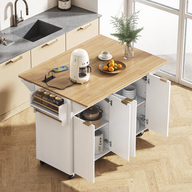 White Fluted Kitchen Island with Drop Leaves Power Outlet Storage Cart Wood Top