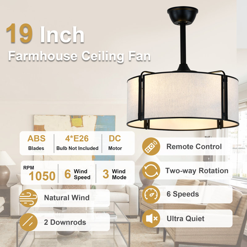 19.3" Modern Indoor Caged Ceiling Fan with Light Kit and Remote Control, Black 7-Blade Ceiling Fan with Fabric Shade for Bedroom