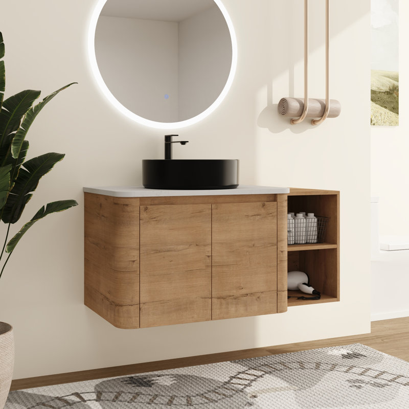 Ensemble de meuble-lavabo simple mural 42 po avec lavabo en céramique et tablettes de rangement Varnby, ensemble de meuble-lavabo simple avec plateau en pierre reconstituée