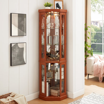 Lighted Dark Oak Corner Curio, Two Side - Hung Glass Doors, Adjustable Shelving, For Cherry Or Themed Spaces Wine And Collectible Storage In Living Room