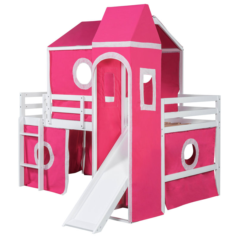 Lit mezzanine simple rose avec glissoire, tente et tour - fait de pin, d'éléments, d'une tour coulissante sous l'espace de jeu, avec une construction, idéale pour le coucher