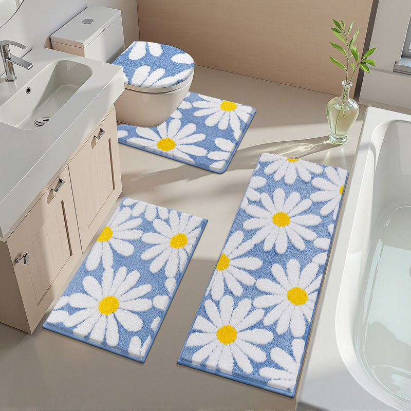 4 Piece Soft Absorbent Microfiber Bath Rug Set With Non-Slip Backing, Blue