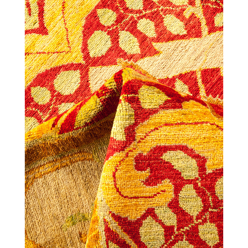 Tapis rouge / jaune en laine noué à la main de conception unique 9 pi 10 po x 13 pi 10 po