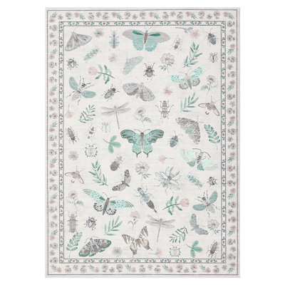 Living Room Rugs Ultra-Soft Modern Floral Insect Accent Rug with Non-Slip Backing, Non-Shedding Low Pile Indoor Carpet, Washable Floor Cover, Easy Cleaning, for Bedroom, Office