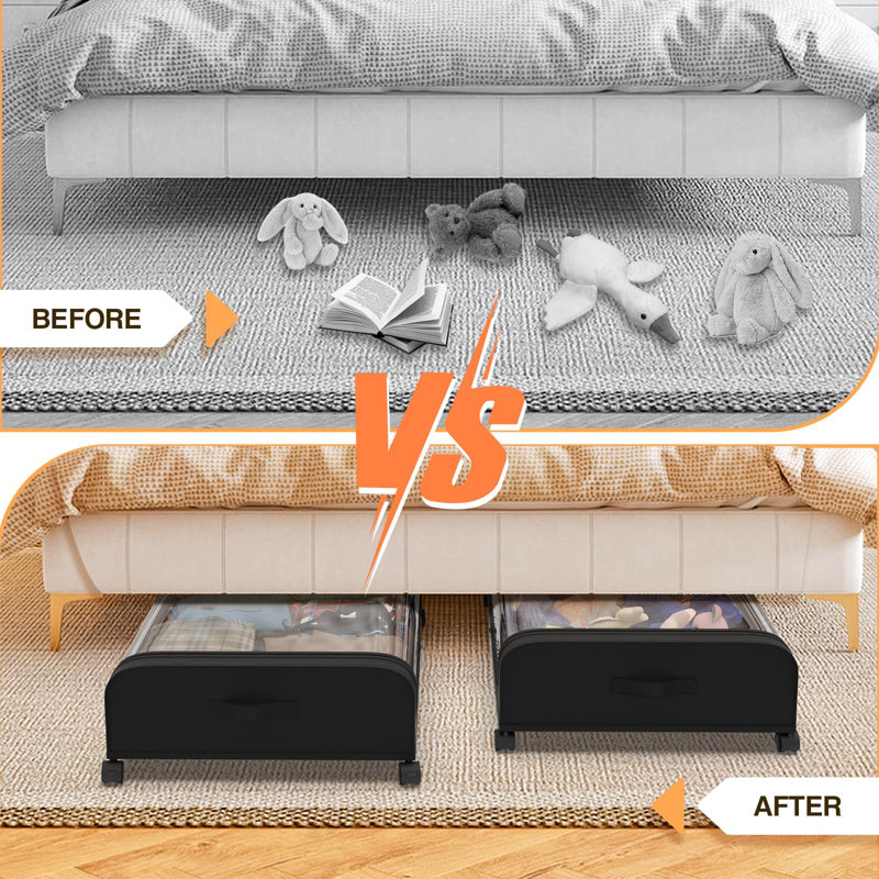 Under Bed Storage With Wheels, 2Pack Under The Bed Storage Containers With Clear Window Lid, 45L Large Capacity Underbed Storage Containers, Underbed Storage Bins For Clothes, Toys And Shoes, Bedding
