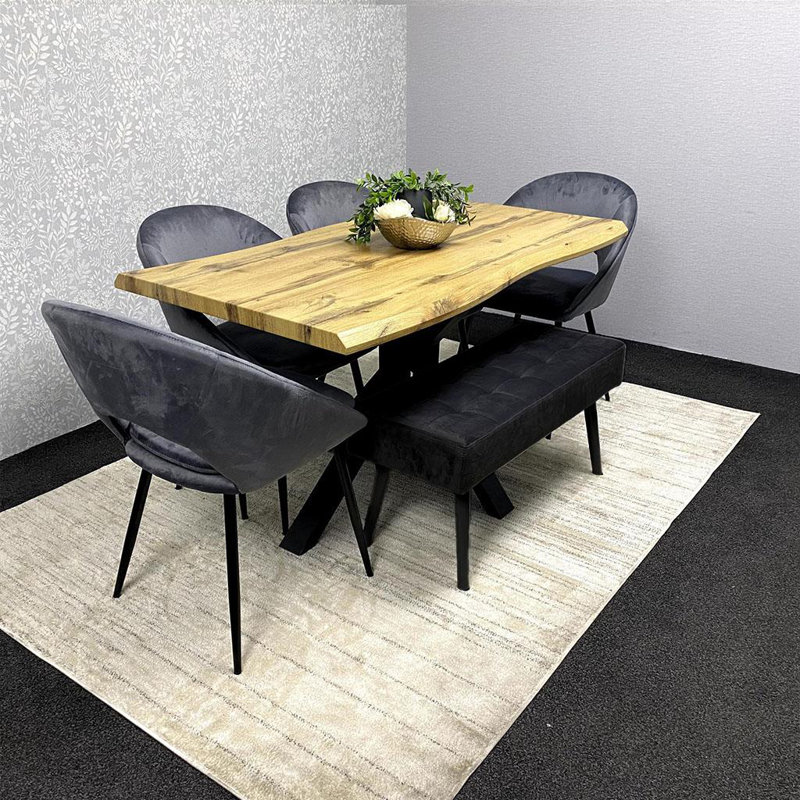Wooden Dining Set with 4 Grey Velvet Chairs and 1 Bench, 75"H x 117"L x 77"W