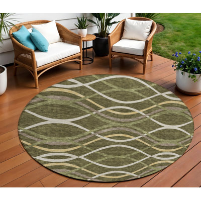 8' Ivory Round Abstract Washable Indoor Outdoor Area Rug