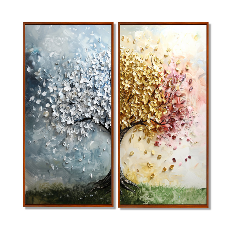 Arbre de vie quatre saisons II - art mural bleu 2 pièces, 32" H x 32" W, Impression encadrée flottante, Brown