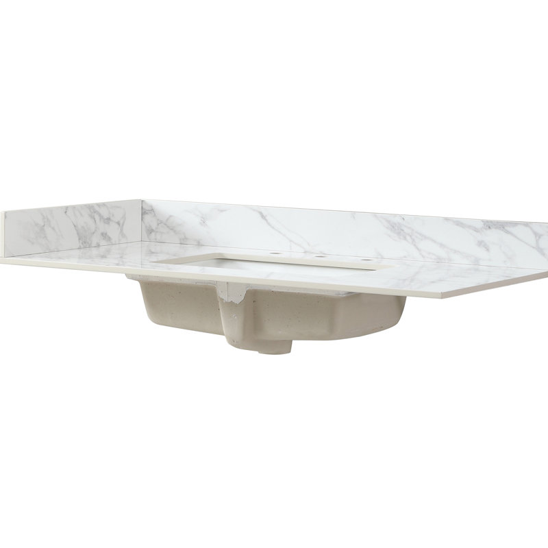 Éclaboussure de côté de meuble-lavabo de 4 po de hauteur, pierre de marbre artificielle, couleur blanche, matériau principal de pierre frittée, céramique américaine de style rectangulaire, pré-percé pour robinet, nettoyage facile