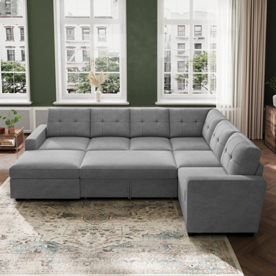 Abramson 106.2in U-Shaped Corduroy Sectional Pull-Out Sofa Bed with Storage Ottoman