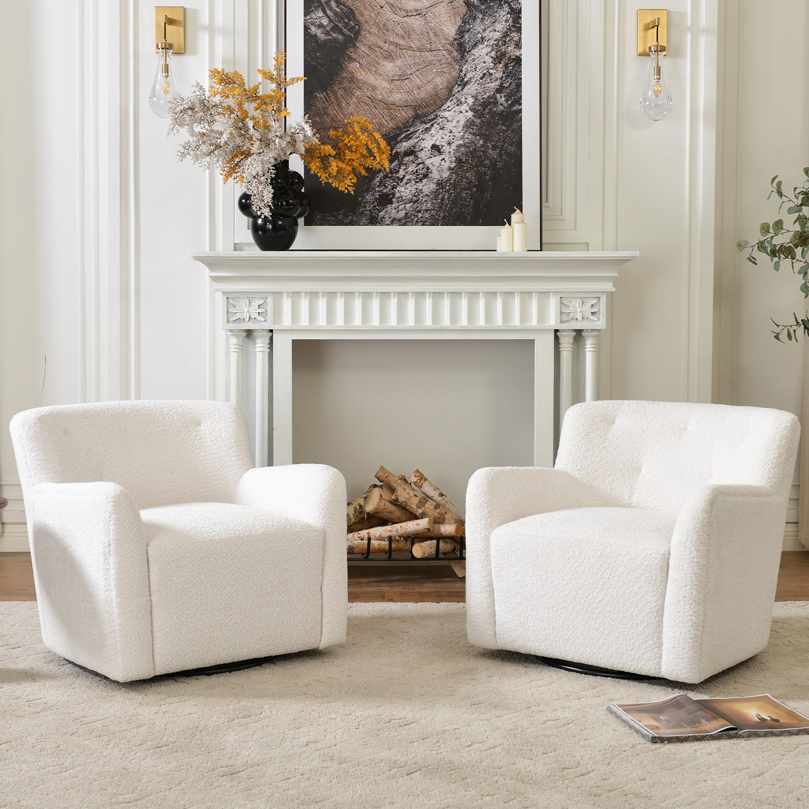 Fae Pine Swivel Accent Chair, White Chenille