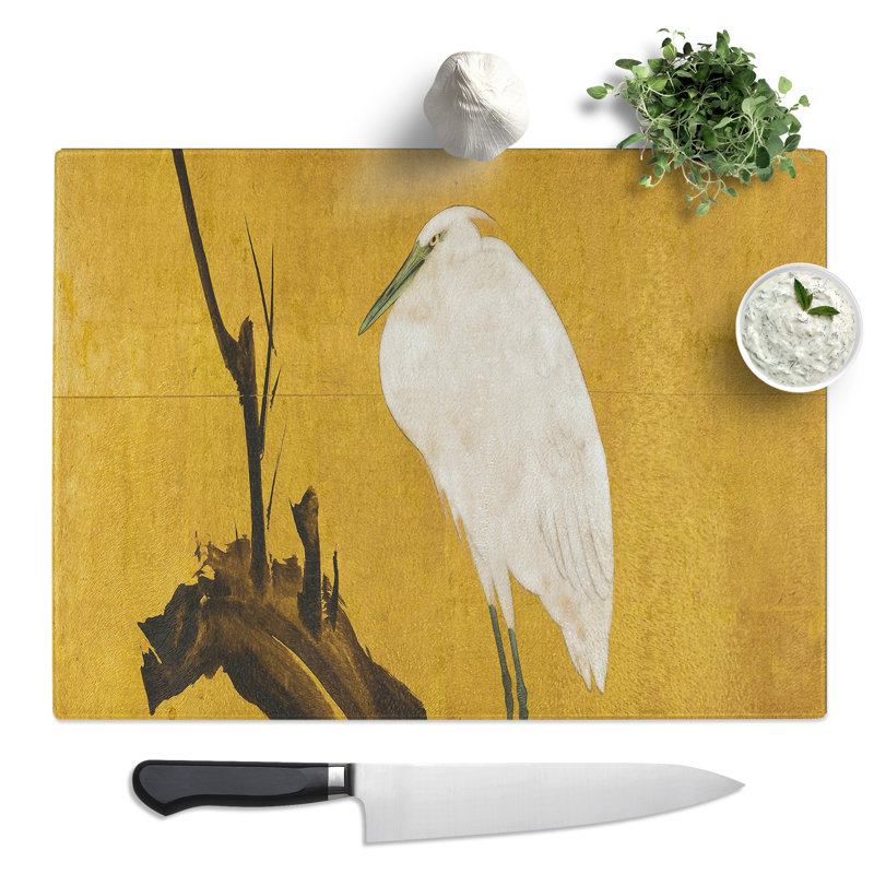 Heron On A Willow Tree Branch By Maruyama Okyo Asian Japanese  Glass Chopping Board