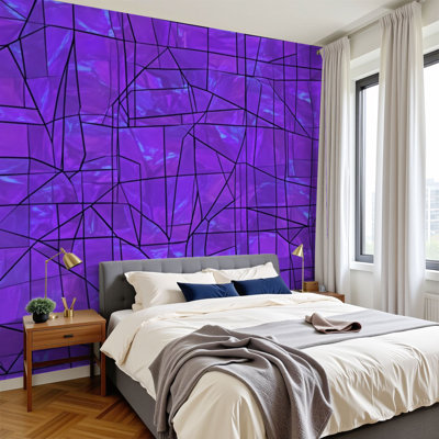 Peel and Stick Wallpaper 96" W x 69" H Modern Self Adhesive Wall Mural for Bedroom abstract stained glass mosaic purple violet