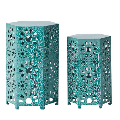 Paire de tables d'appoint - Tables découpées, tubes de fer, bleu craquelé, rehausse le décor extérieur, aucune table d'assemblage nécessaire 2, motif, fer, fonctionnalité, requis