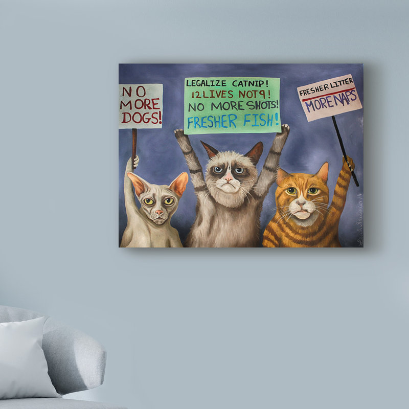 « chats on strike », reproduction de peinture à l’acrylique sur toile tendue, H 24 po x l 32 po x P 2 po