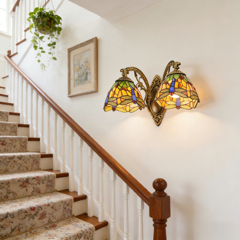 2 - Light Tiffany-Style Wall Sconce Dragonfly Stained Glass Vanity Light