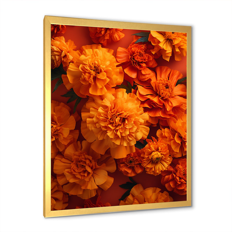 " Orange Marigolds Memory Unveiled ", 20" H x 12" W x 1" D, Gold Single Picture Framed