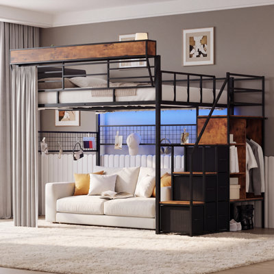 Modern Loft Bed with High Guardrail, Storage Stair, Headboard and Wardrobe, Wooden Loft Bed with Led Light, Open Shelves and Drawers, DIY Friendly