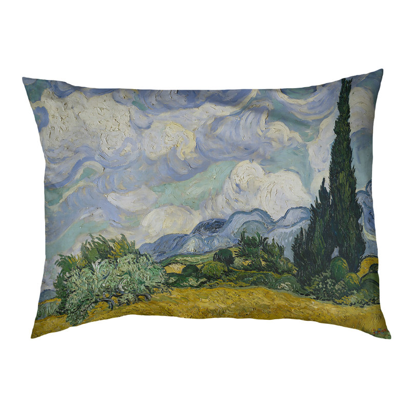 Coussin de concepteur indigo wheatfield avec blé cyprès Burk, L 42 po x l 52 po, Gris/Bleu/Noir