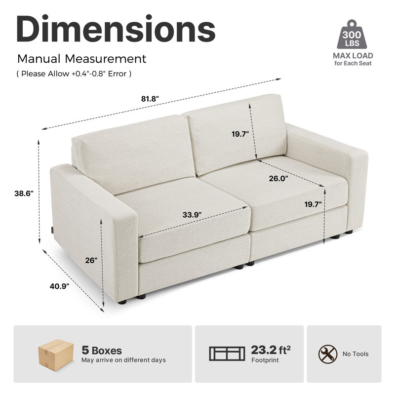 Canapé modulaire surdimensionné à 2 places modulaire, Beige clair