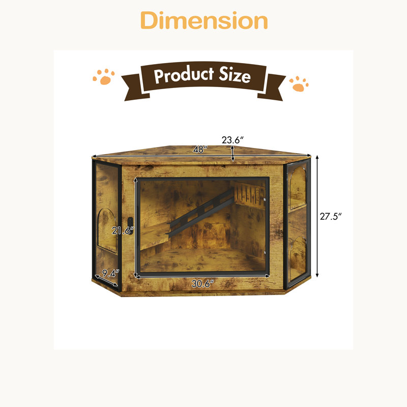 Enceinte de lit 48 po pour coin litière, armoire de coin cachée moderne avec porte en acrylique et lumière DEL, Tigre