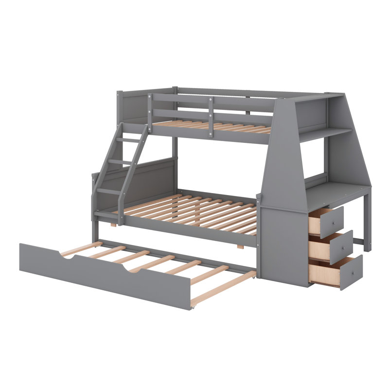 Solid Wood  Floor Bunk Beds With Trundle ,Built-In Desk, Three Storage Drawers And Shelf, Gray