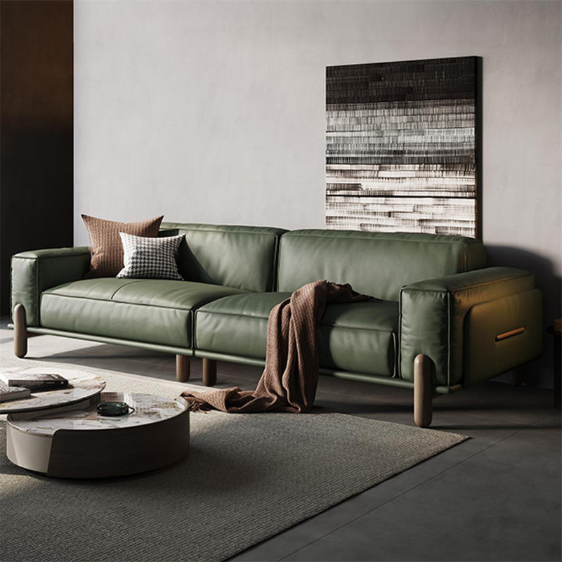 Mid century modern sofa,Genuine Leather Modular sofa with Solid Wood, Green couch, Green, 4, 29.53" H x 110.24" W x 37.4" D
