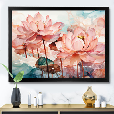 Lotus Pond, encre de Chine rose et verte - Art mural Chine