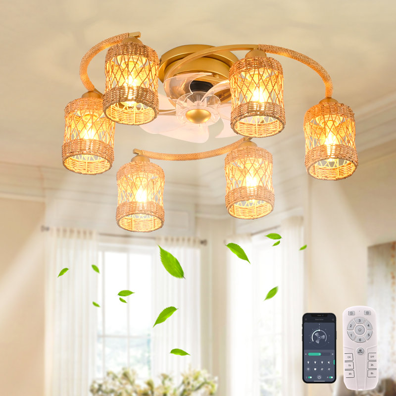 Ventilateur de plafond réversible en rotin tissé à la main de 26 po avec ensemble d'éclairage et télécommande