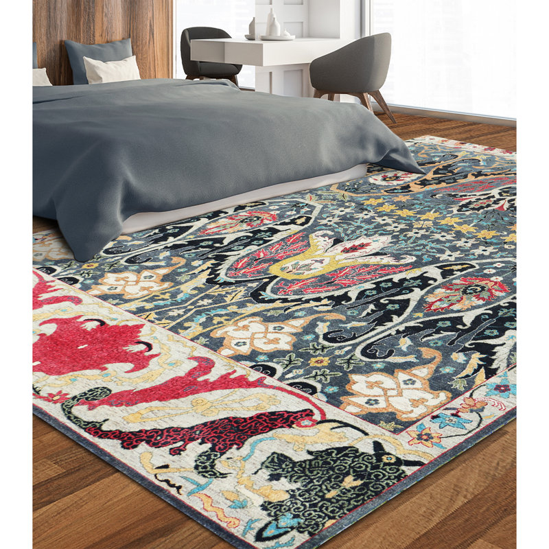Hand Knotted Wool Geometric Area Rug in Blue/Beige/Red, Rectangle 9' x 12'