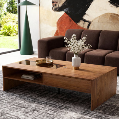 51" Wooden Mid Century Modern Living Room Coffee Table With Led Light And Push-to-open Flip Door