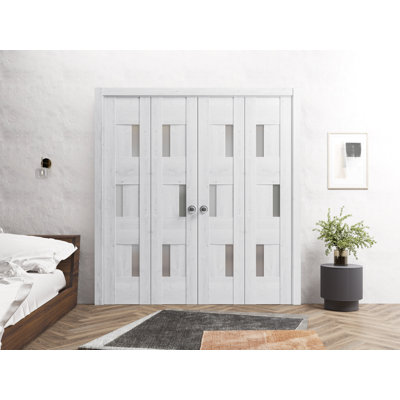 Portes pliantes à double placard Sete | avec verre givré | Ensemble de quincaillerie de moulures robustes à moulures | Portes de garde-robe de chambre en bois massif