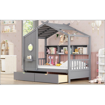 Wooden Twin Size House Bed With 2 Drawers, Kids Bed With Storage Shelf And Robust Frame, Grey