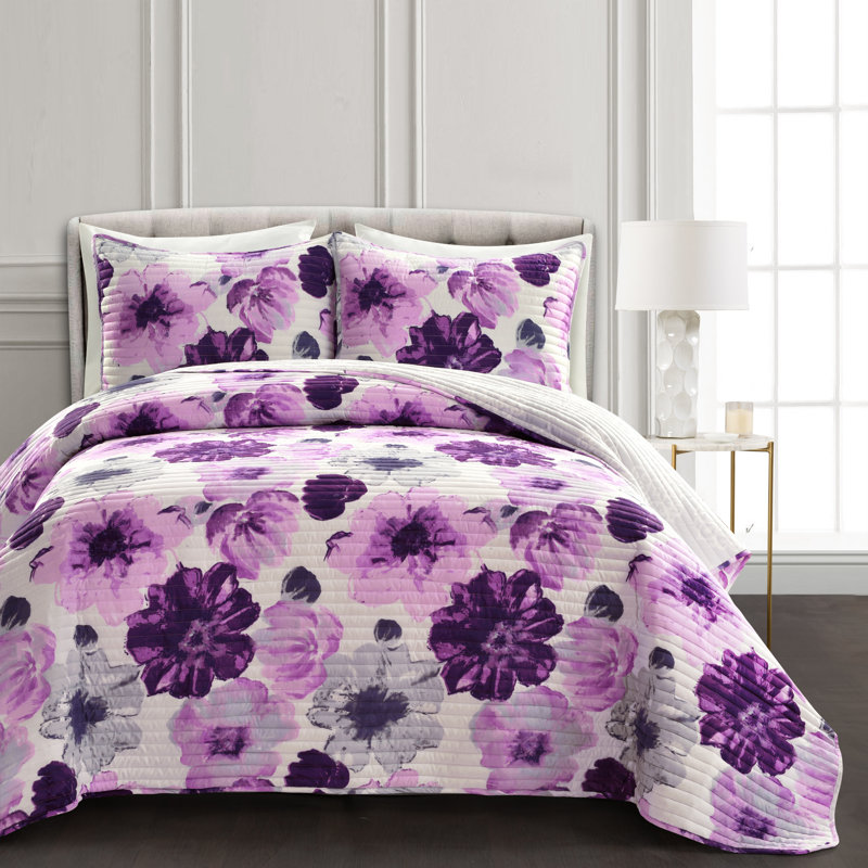 Full Gray and Purple Reversible Microfiber Floral Quilt Set
