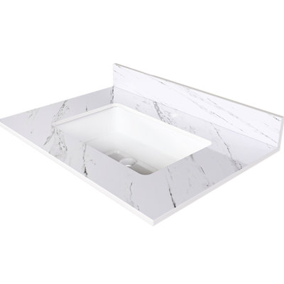 Dessus de meuble-lavabo en pierre frittée blanche 31 po - salle de bain avec lavabo rectangulaire, dosseret de 4 po, trous de robinet pré-percés Design luxueux et pratique en forme de marbre