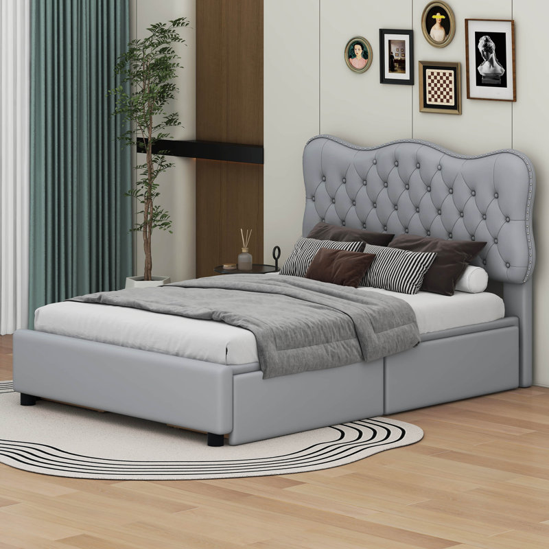 Lit plateforme tapissier avec 4 tiroirs Kiosha, Double, Gris