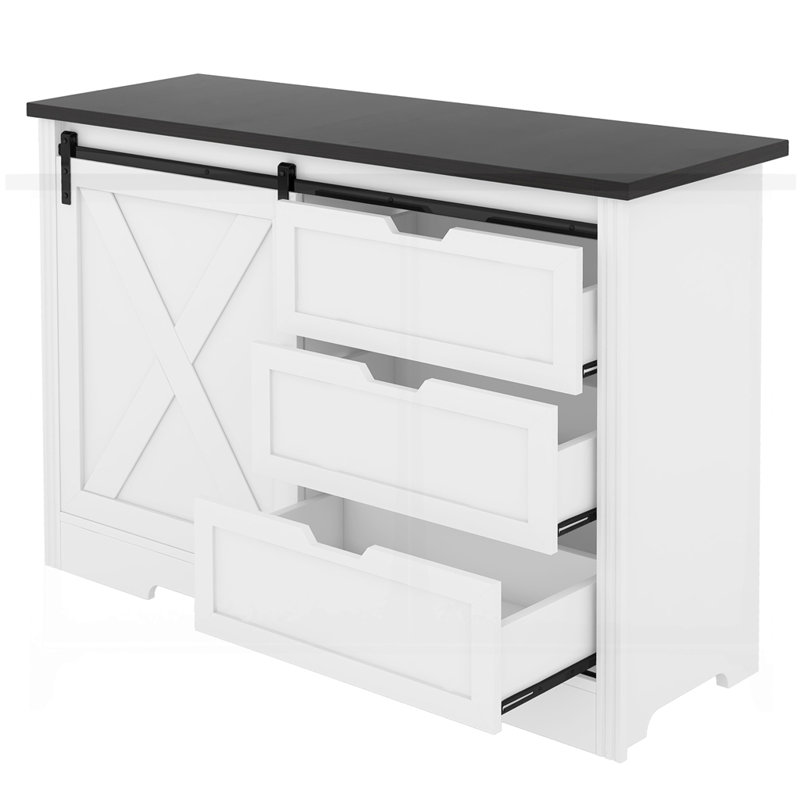 Armoire de rangement avec portes coulissantes silencieuses et trois tiroirs, Blanc