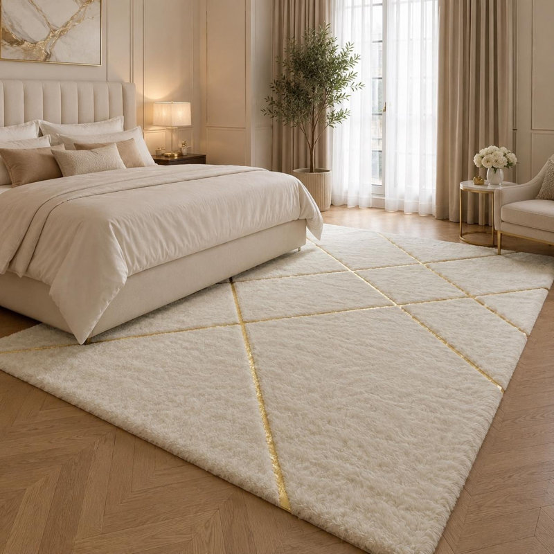 Tapis géométrique ivoire en peluche, tapis en fausse fourrure douce, décoration moderne, 8 x 10 ft