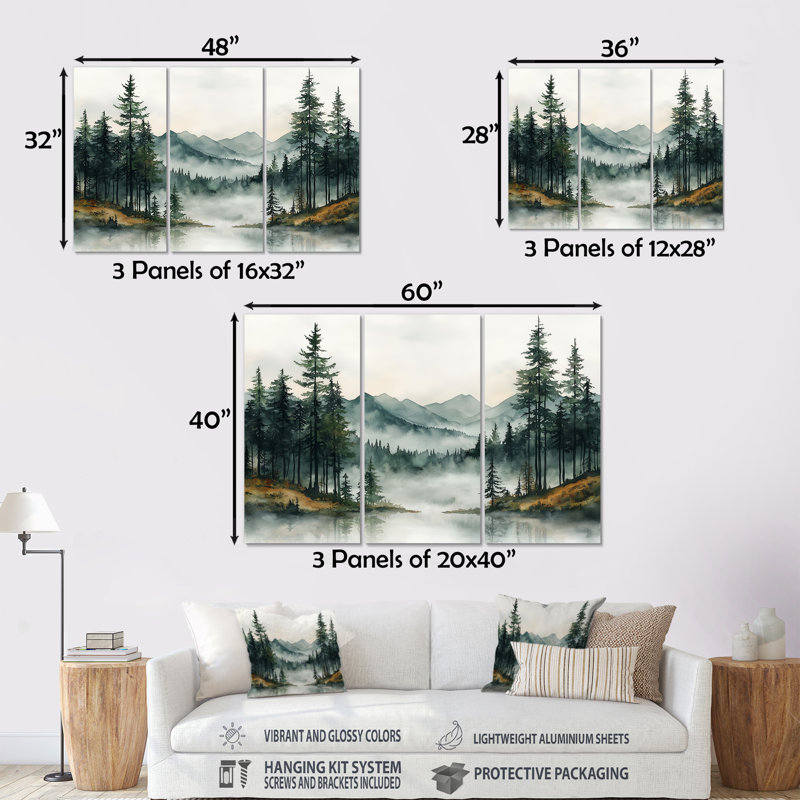 «Green Pine Trees Mist Morning I», ensemble d'art mural pin, H 28 po x l 36 po x P 1 po, Métal métal
